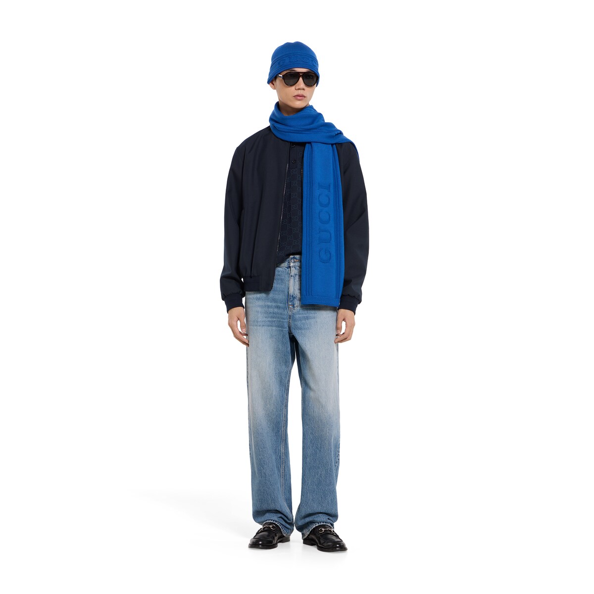 Knit wool scarf with Gucci logo in blue - thumbnail 2