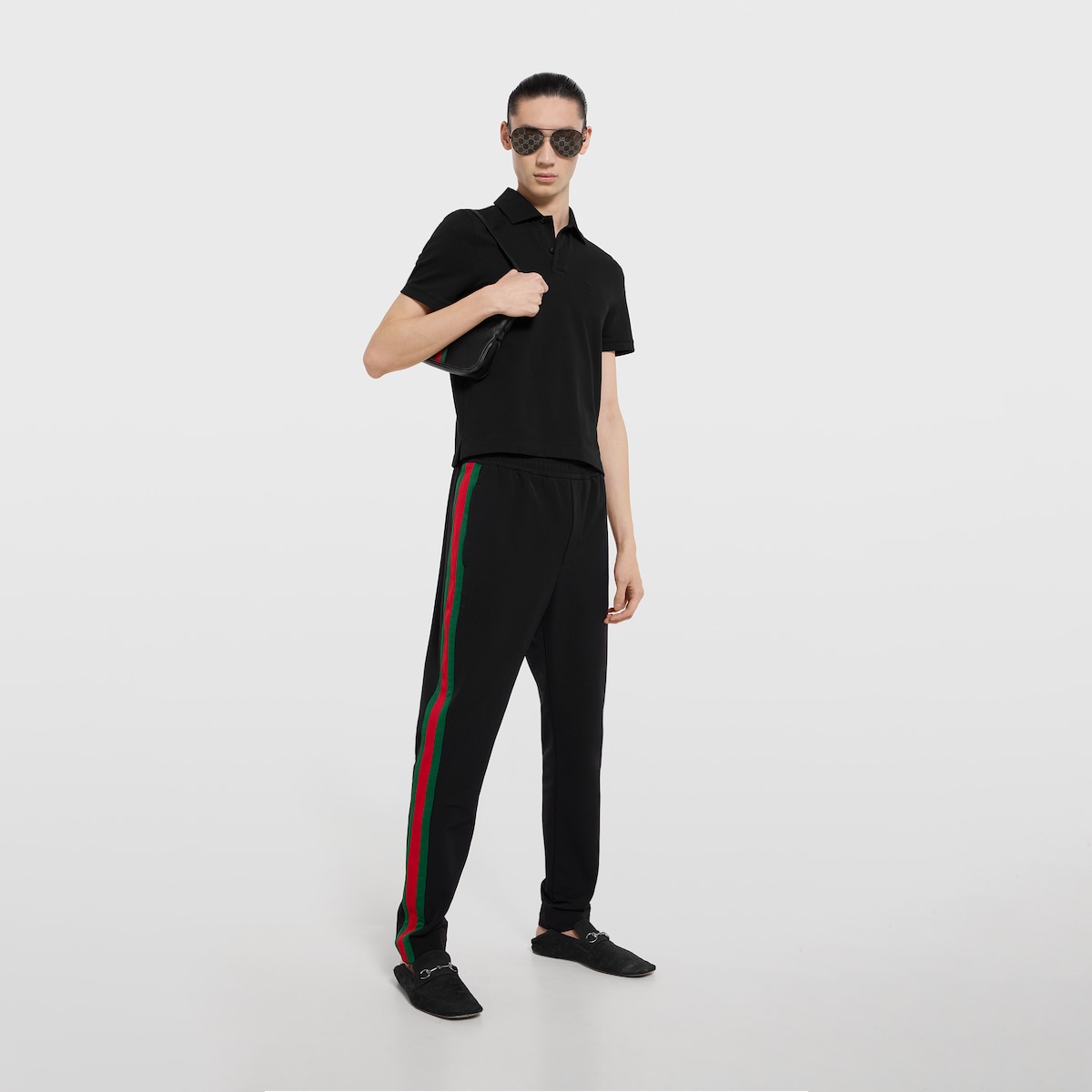 エンブロイダリー付き コットンピケ ポロシャツ ・ブラック GG