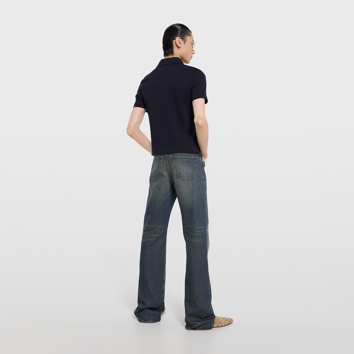 Cotton piquet polo shirt with embroidery in dark blue