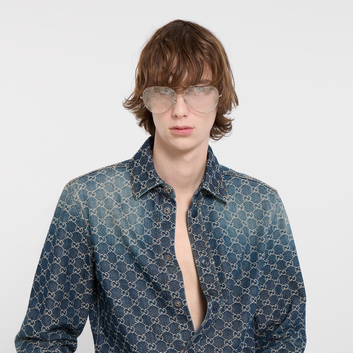 GG cotton denim jacquard shirt in white - thumbnail 7