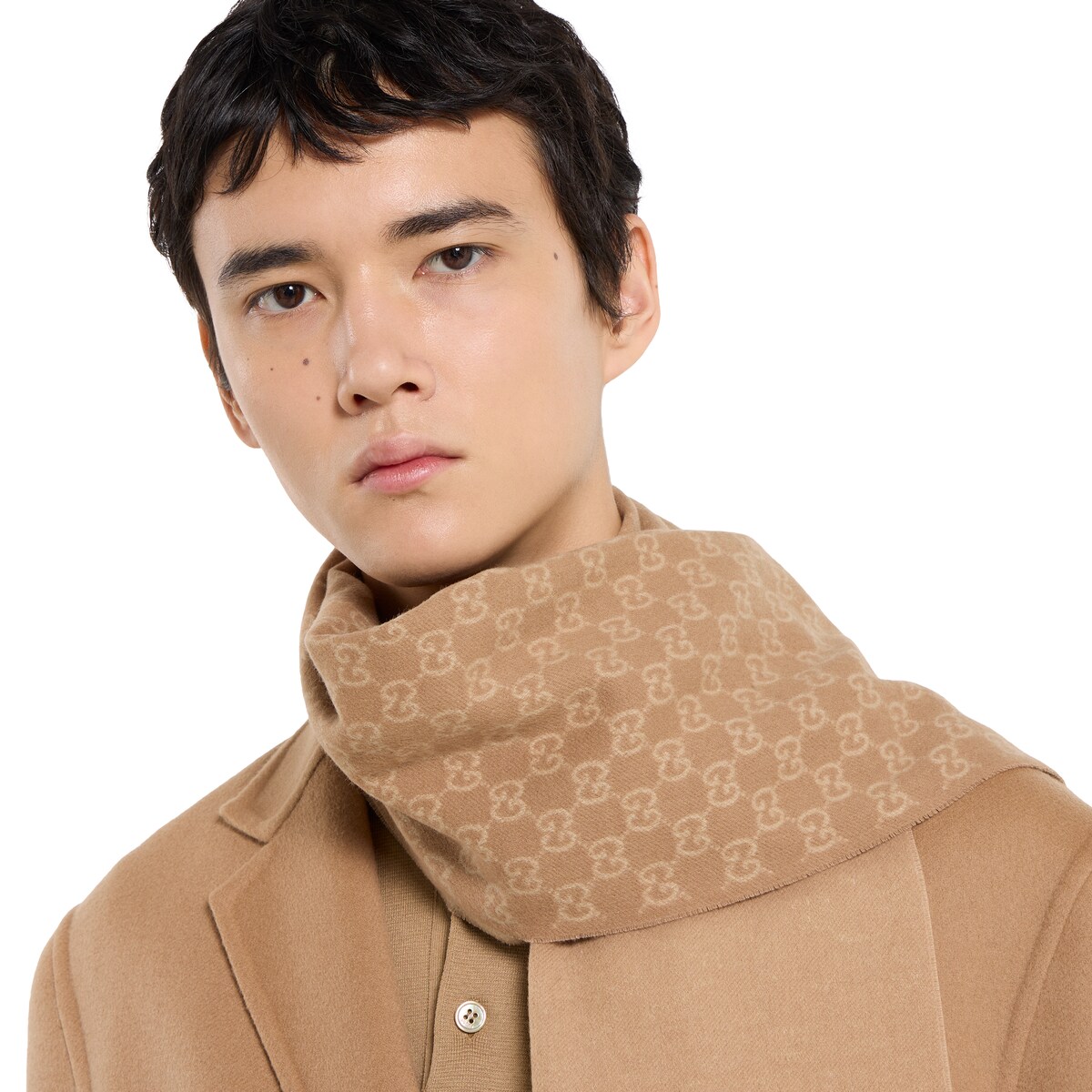 GG wool cashmere scarf in camel and beige
