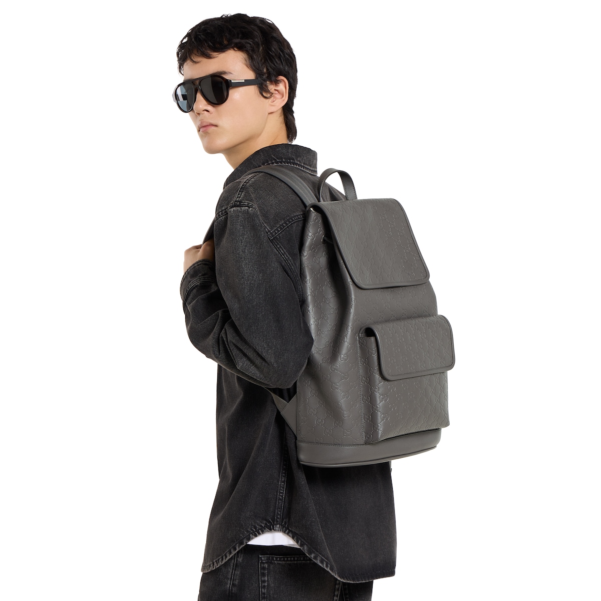 GG Emblem medium backpack in grey GG leather