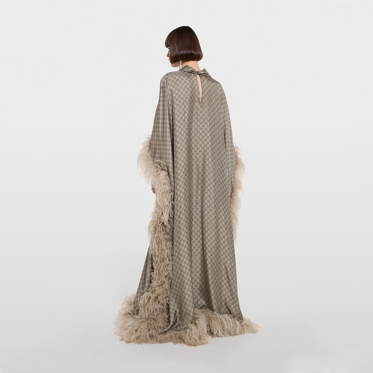 Printed silk twill long dress in beige and dark brown