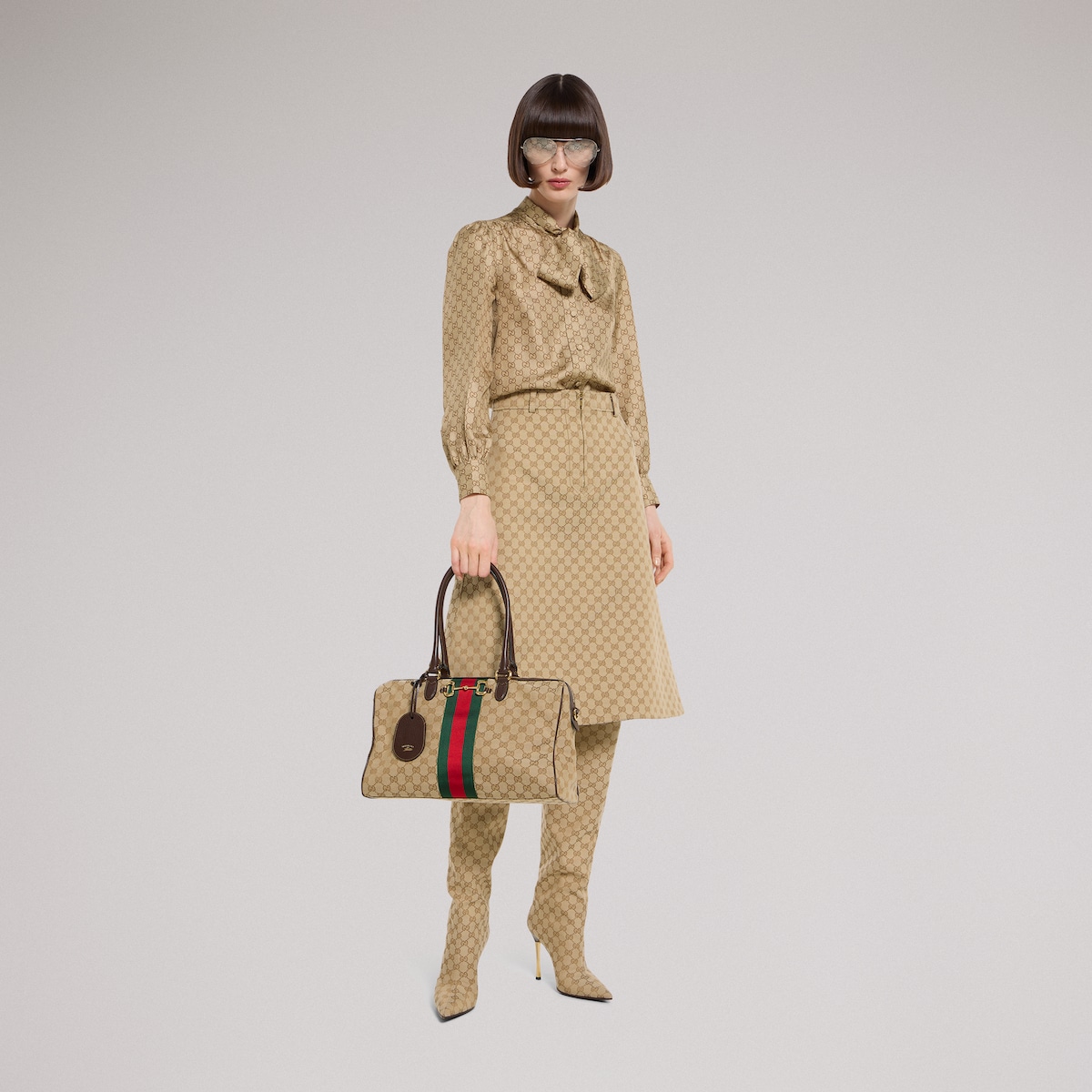 Borsetto large boston bag in sand and brown GG canvas - thumbnail 7