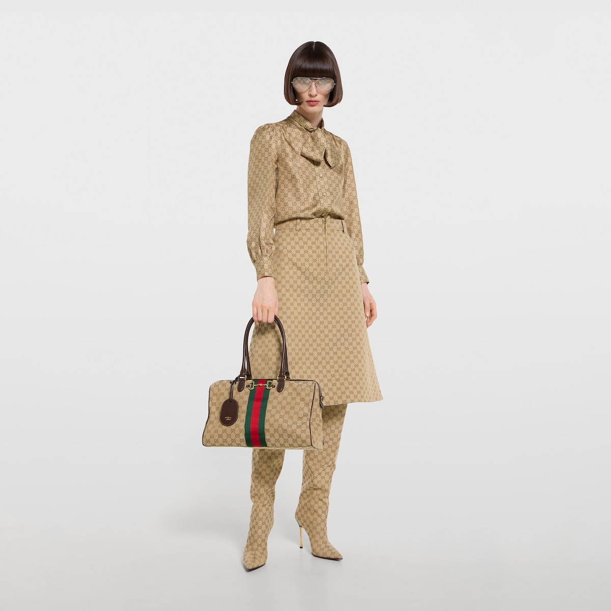 Borsetto large boston bag in sand and brown GG canvas - thumbnail 8