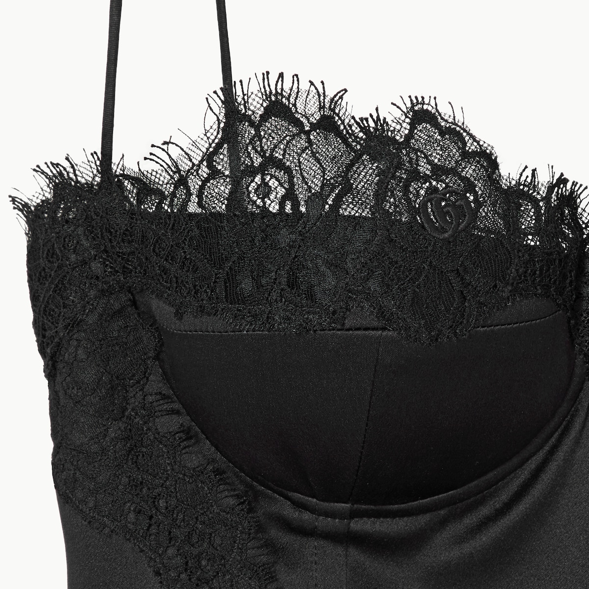 Embroidered silk satin top in black