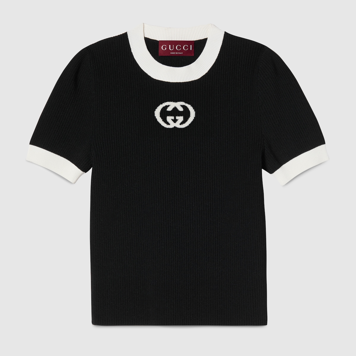 Ribbed T-shirt with intarsia in black