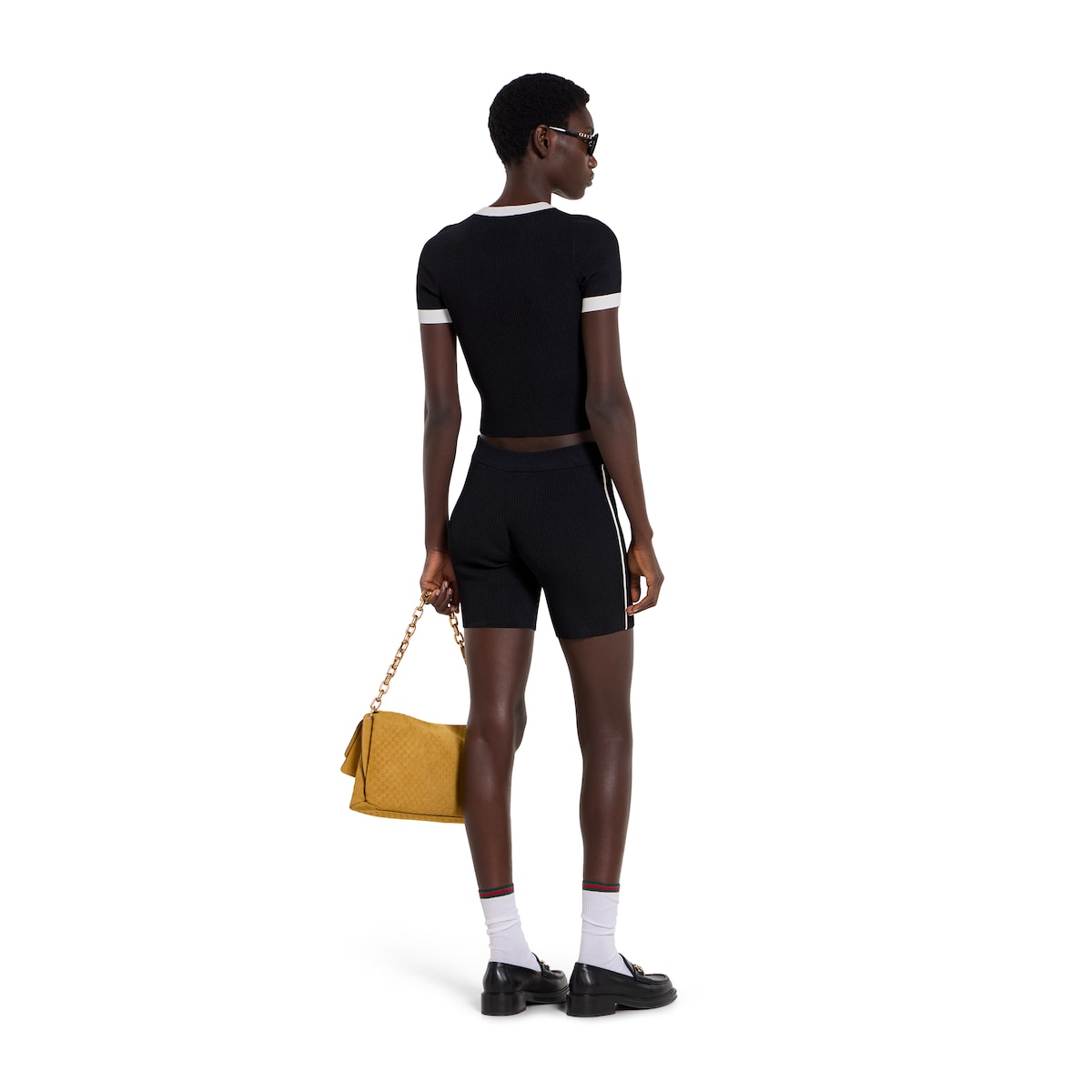 Ribbed T-shirt with intarsia in black - thumbnail 2