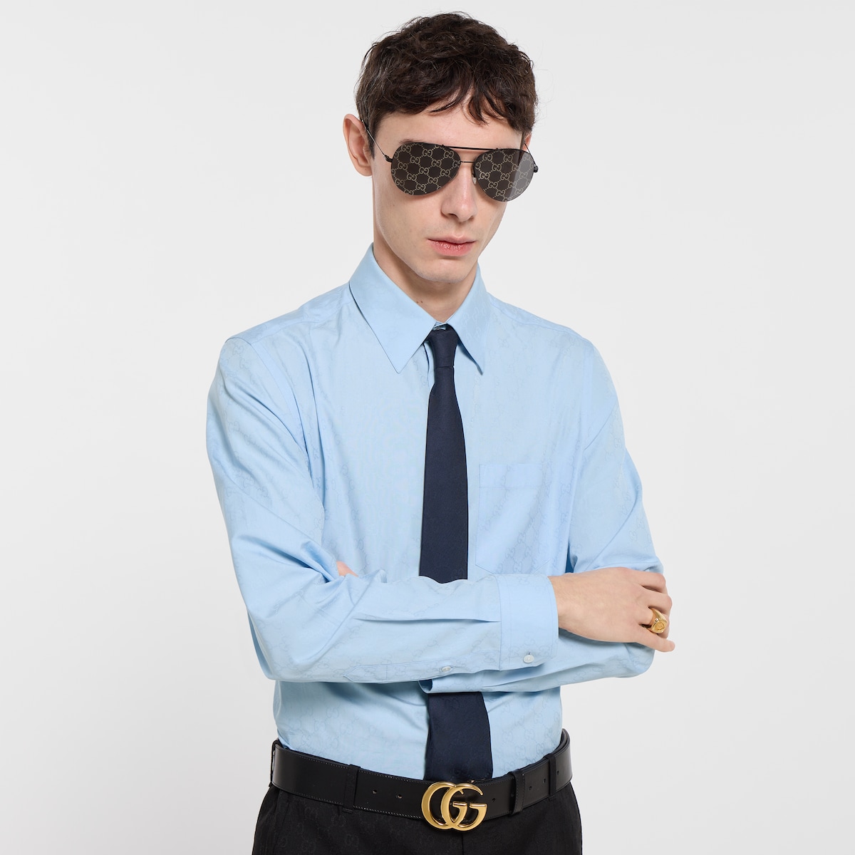 GG silk cotton tie in blue