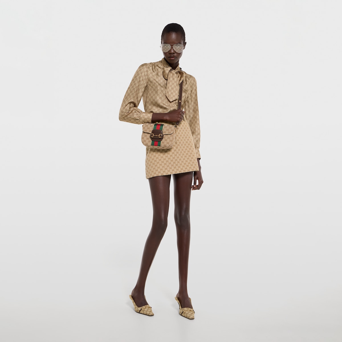 Gucci Horsebit 1955 small shoulder bag in sand and brown GG canvas