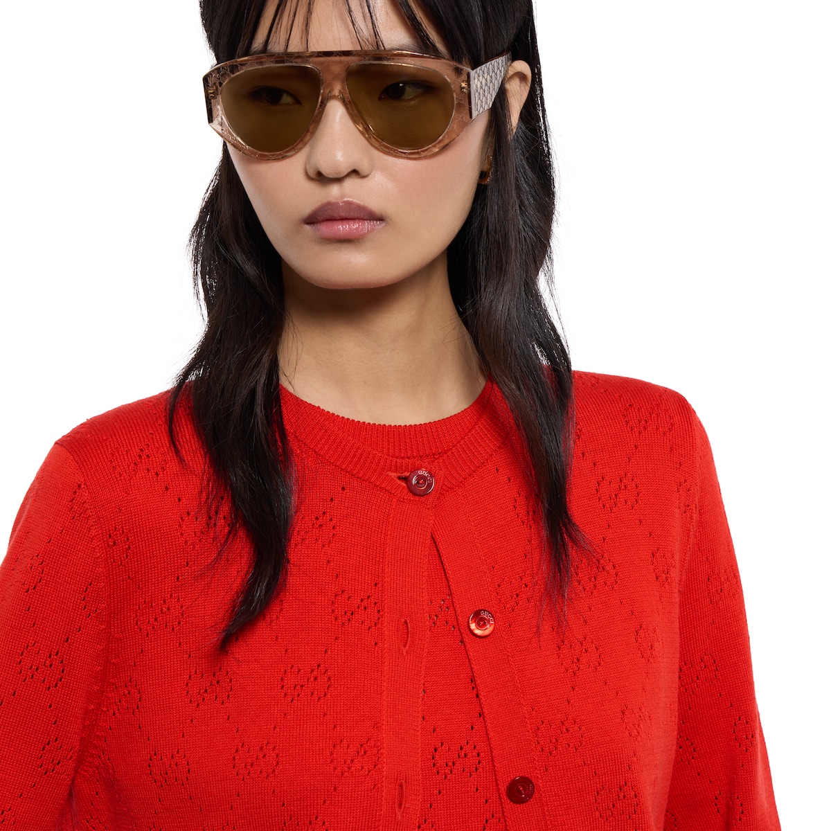 GG pointelle cotton silk cardigan in red - thumbnail 3