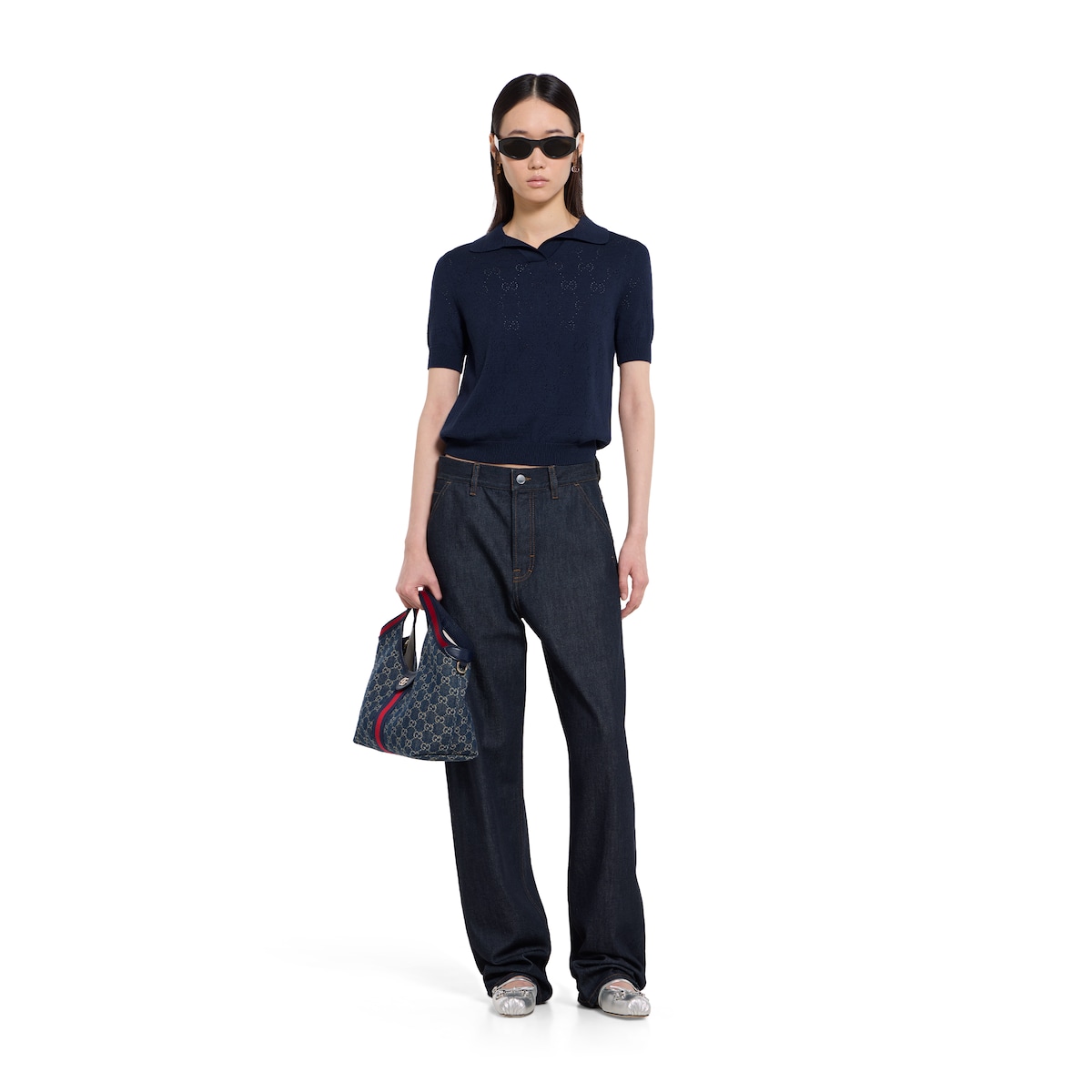 GG pointelle cotton silk polo shirt in blue - thumbnail 5