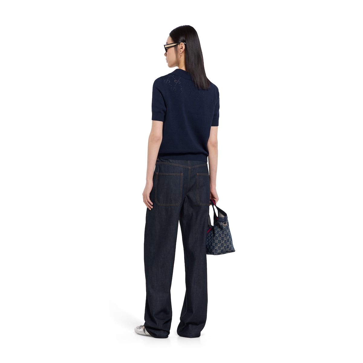 GG pointelle cotton silk polo shirt in blue - thumbnail 3