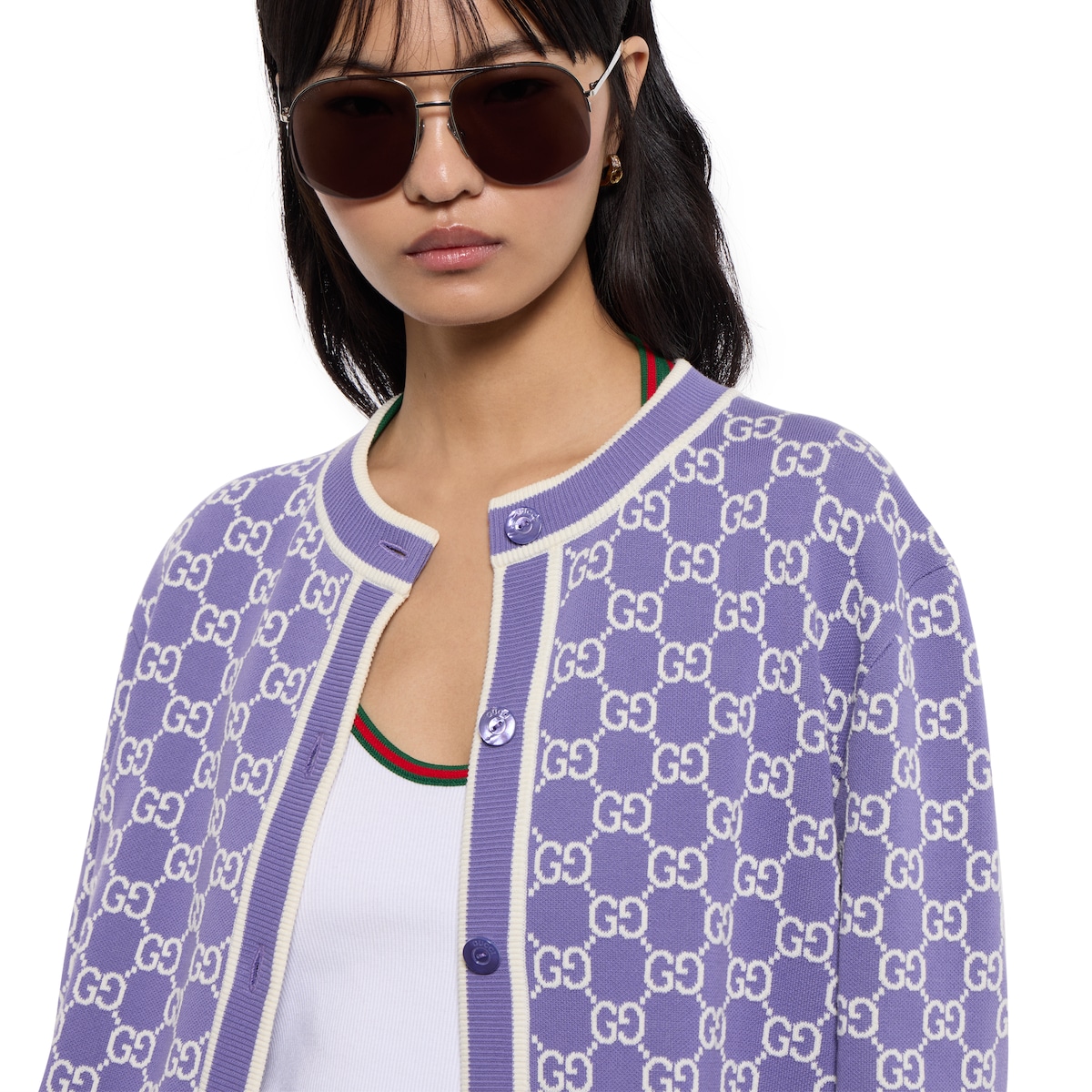 GG fine cotton jacquard cardigan in purple - thumbnail 2