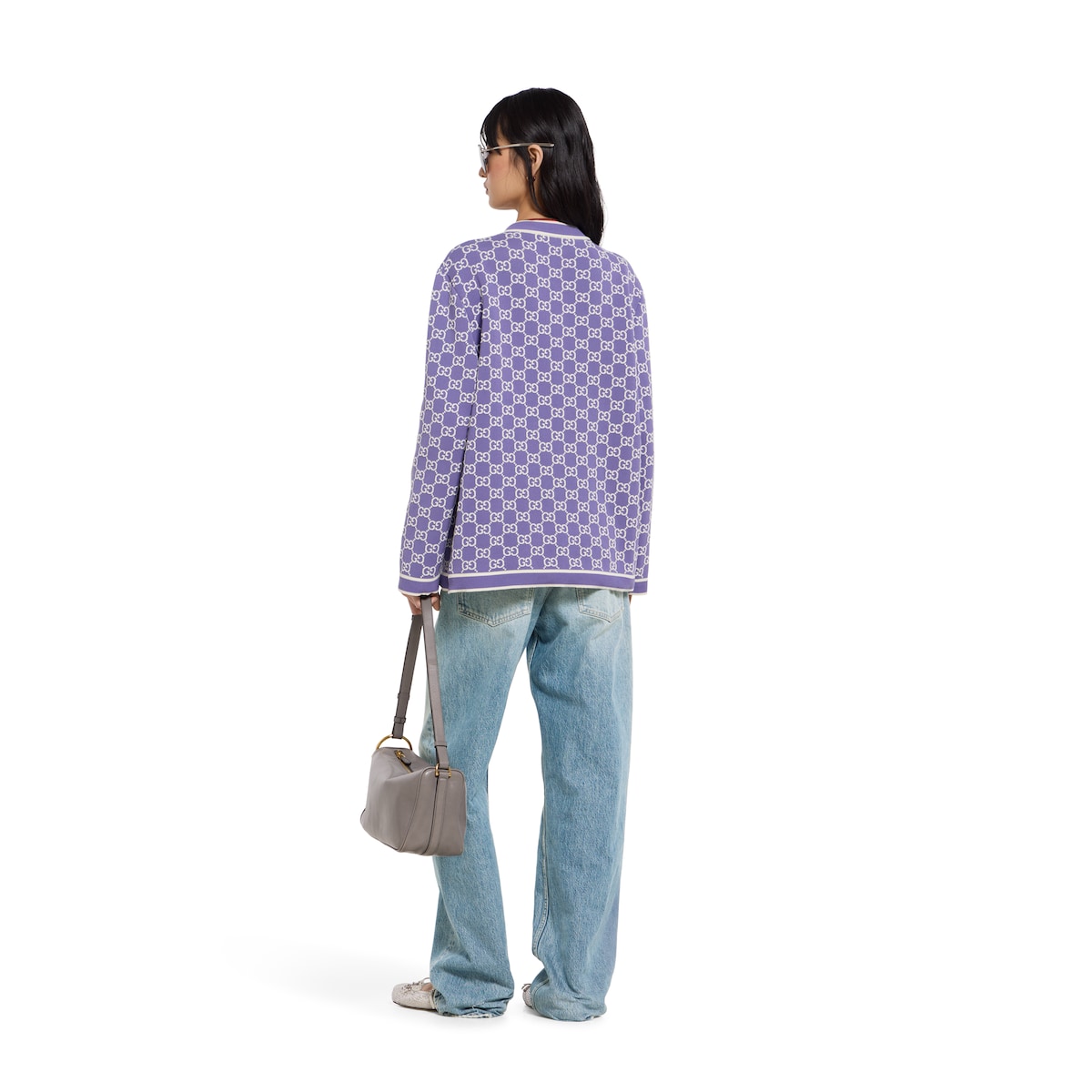 GG fine cotton jacquard cardigan in purple - thumbnail 3