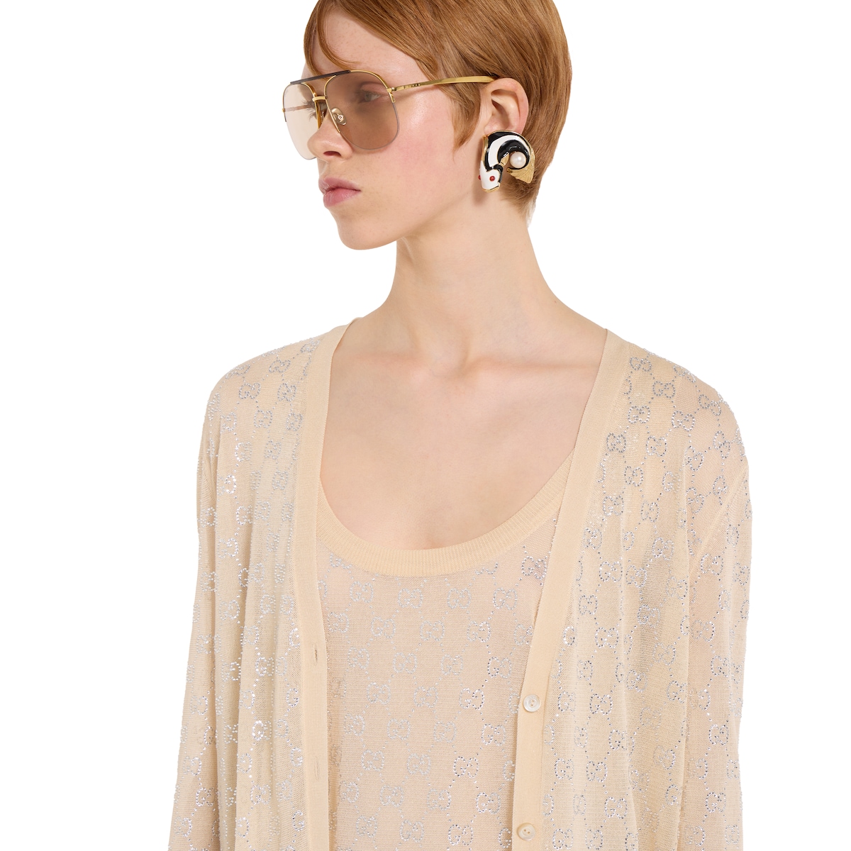 Fine silk cardigan with GG crystals in light pink - thumbnail 3