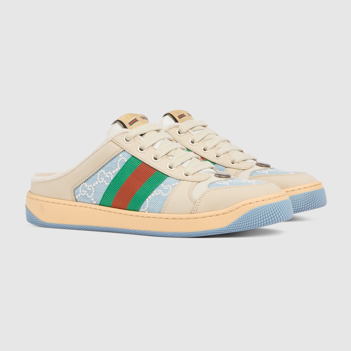 Women's pearl Screener mule in light blue GG pearl canvas | GUCCI® CA