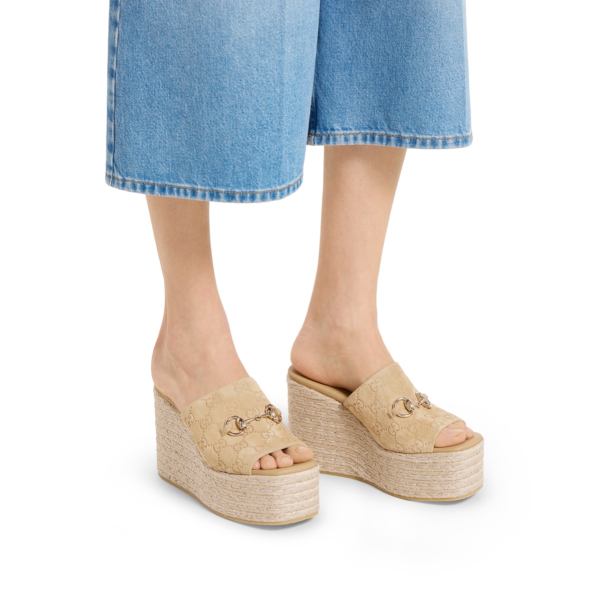 Women's platform espadrille with Horsebit in beige GG suede
