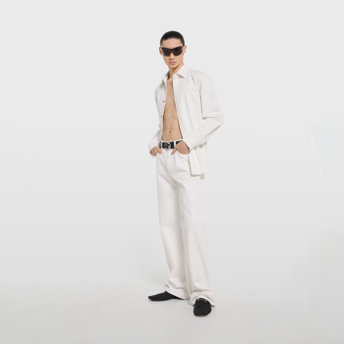 GG cotton denim jacquard pants in white