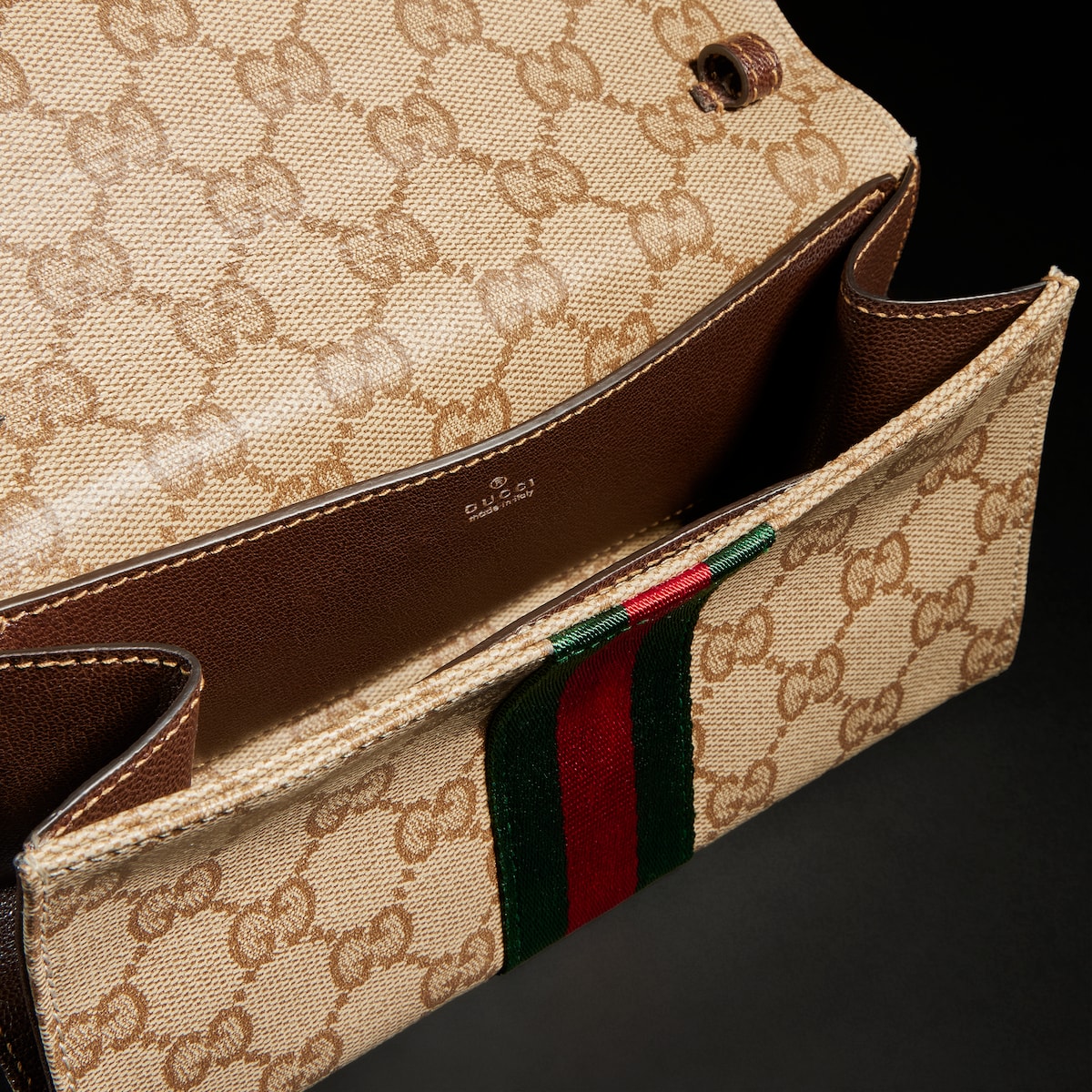 Small pouch with strap and Web in sand and brown GG canvas | GUCCI