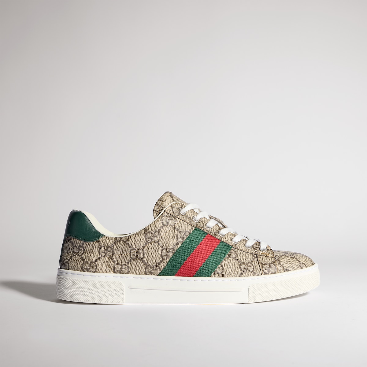 Women's Gucci Ace sneaker with Web in beige and ebony Supreme