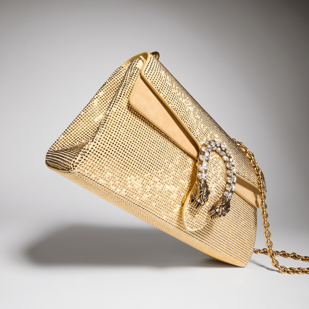 Dionysus crystal medium shoulder bag in gold suede | GUCCI® US