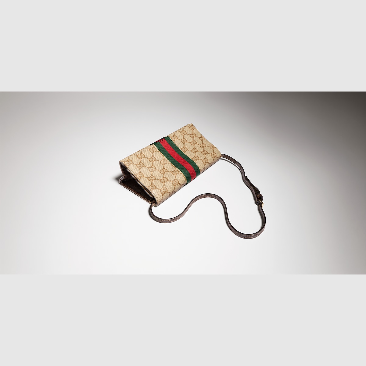 Small pouch with strap and Web in sand and brown GG canvas