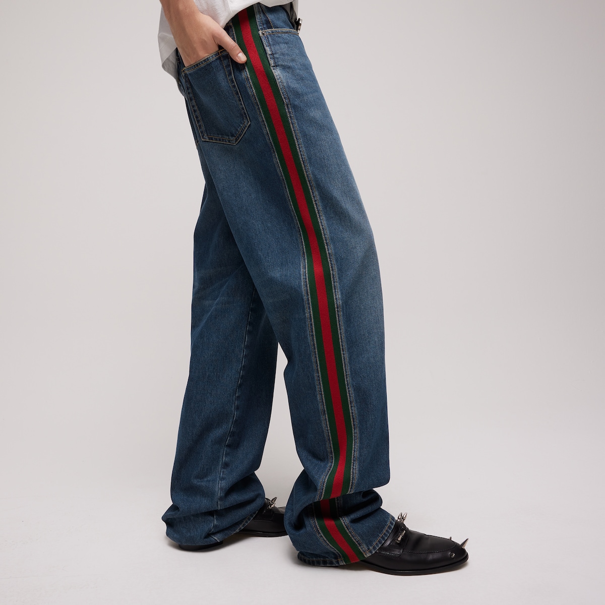 Cotton denim pants with Web insert in blue | GUCCI® US