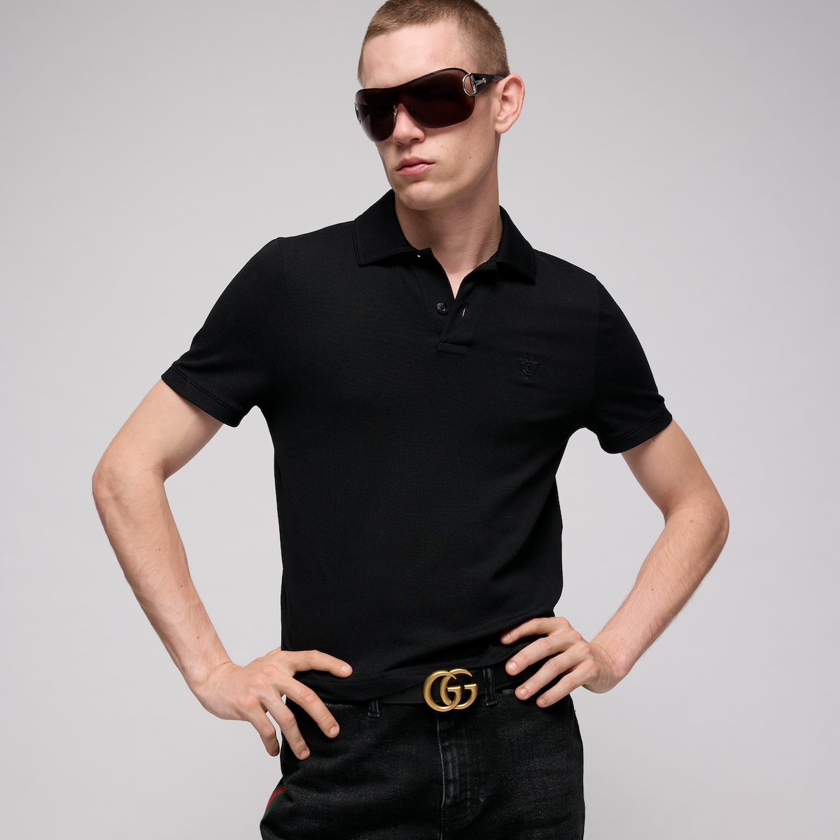 Men's Slim Black Leather Belt With Gold Double G Buckle | GUCCI® US