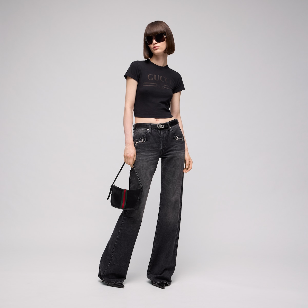 GG Marmont thin belt with crystals in black leather - thumbnail 4