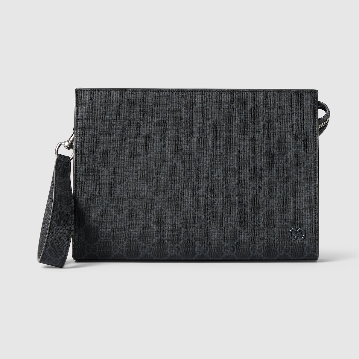 Grey trim medium pouch in black GG Supreme canvas - thumbnail 9
