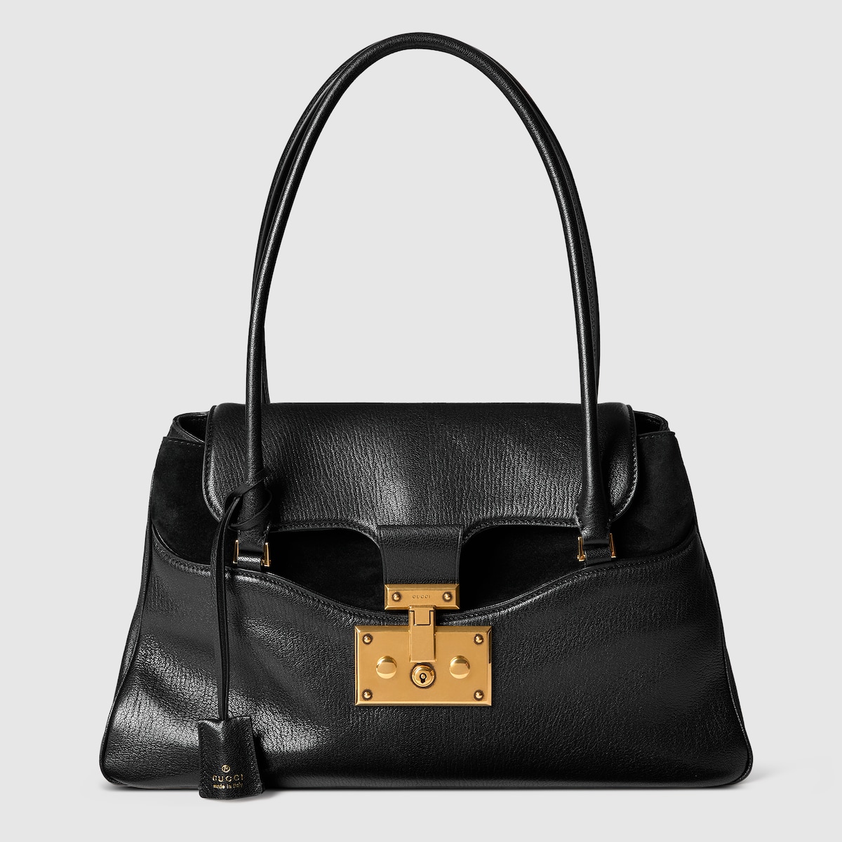 Large tote bag with lock in dark brown leather - thumbnail 10