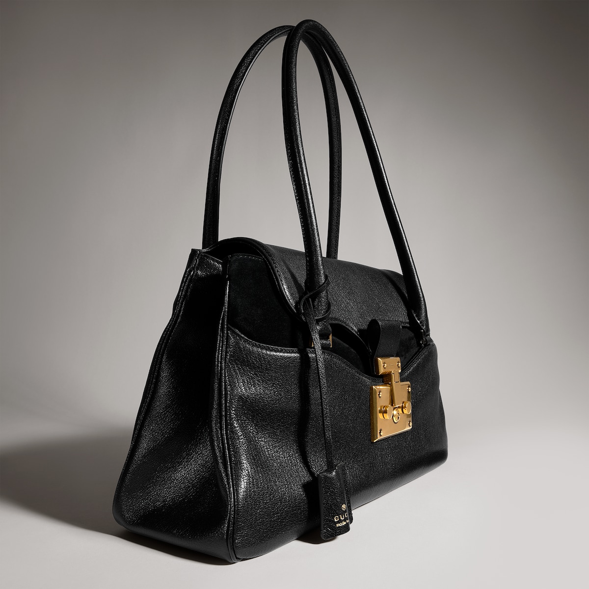 Large tote bag with lock in dark brown leather - thumbnail 9