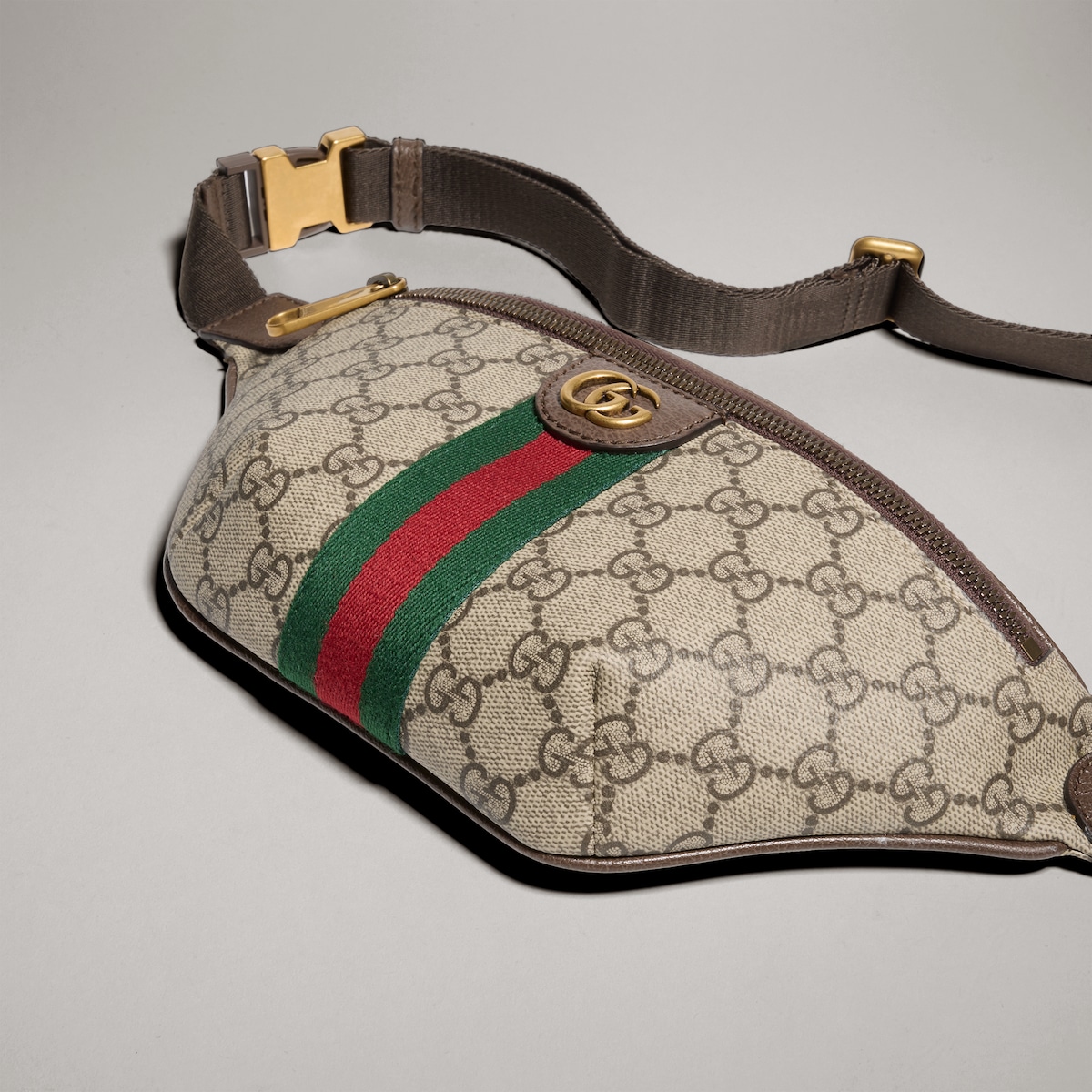 Ophidia small belt bag in beige and dark brown fabric