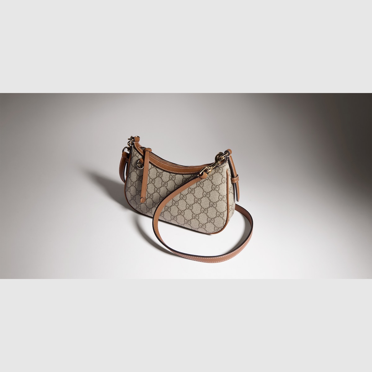 GG Emblem small shoulder bag in beige and dark brown fabric - thumbnail 10