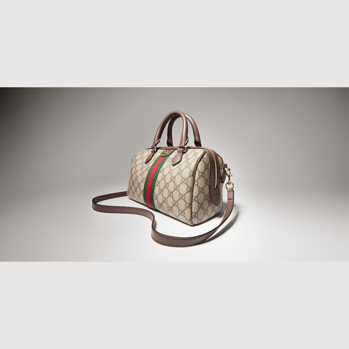 Ophidia medium boston bag in beige and brown GG fabric - thumbnail 9