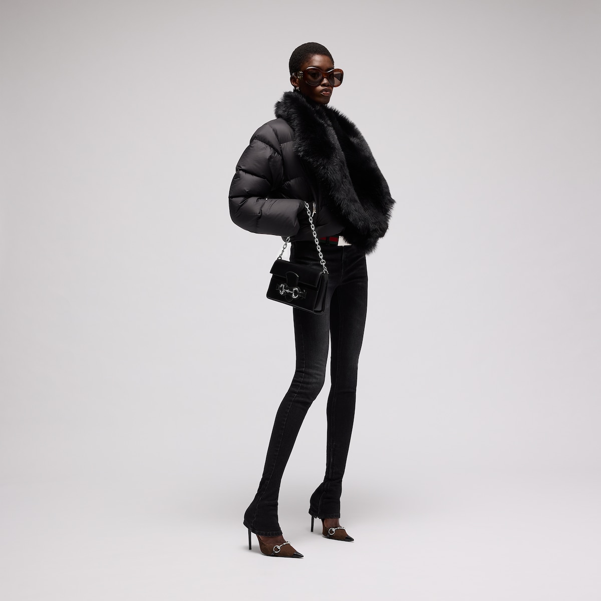 Padded polyester jacket with shearling in black - thumbnail 3