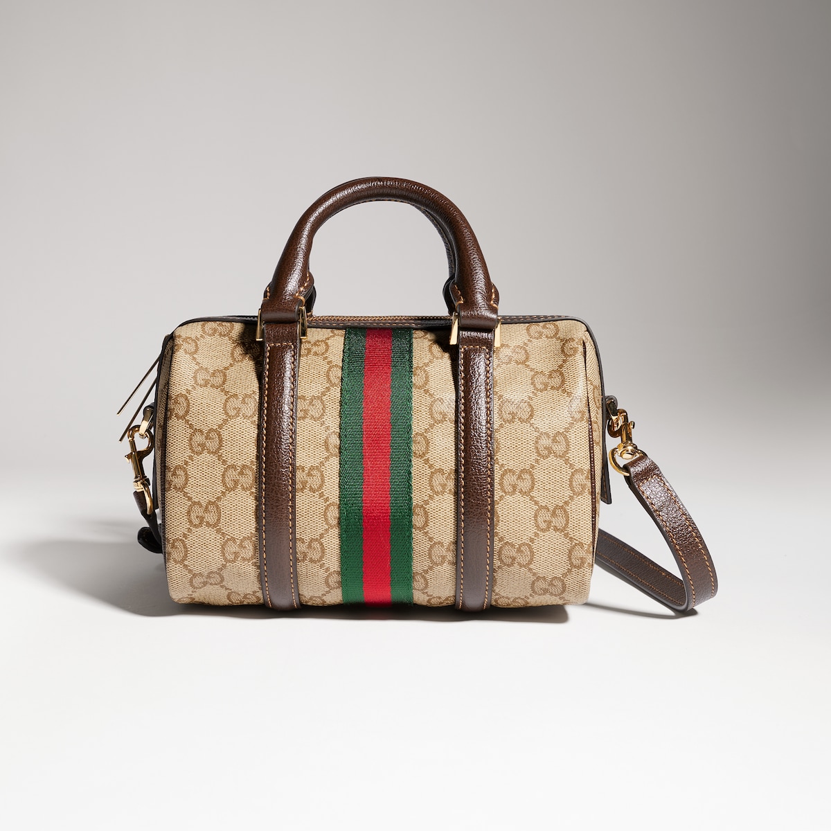 Mini boston bag with Web in sand and brown GG canvas | GUCCI® SG