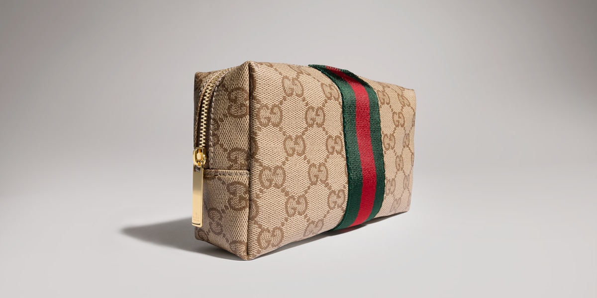 Medium cosmetic case with Web in sand and brown GG canvas | GUCCI® US