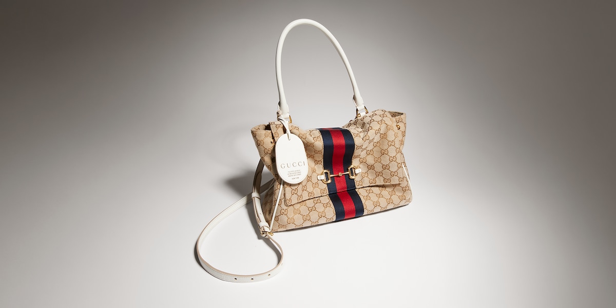 Paparazzo medium top handle bag in sand and brown GG canvas