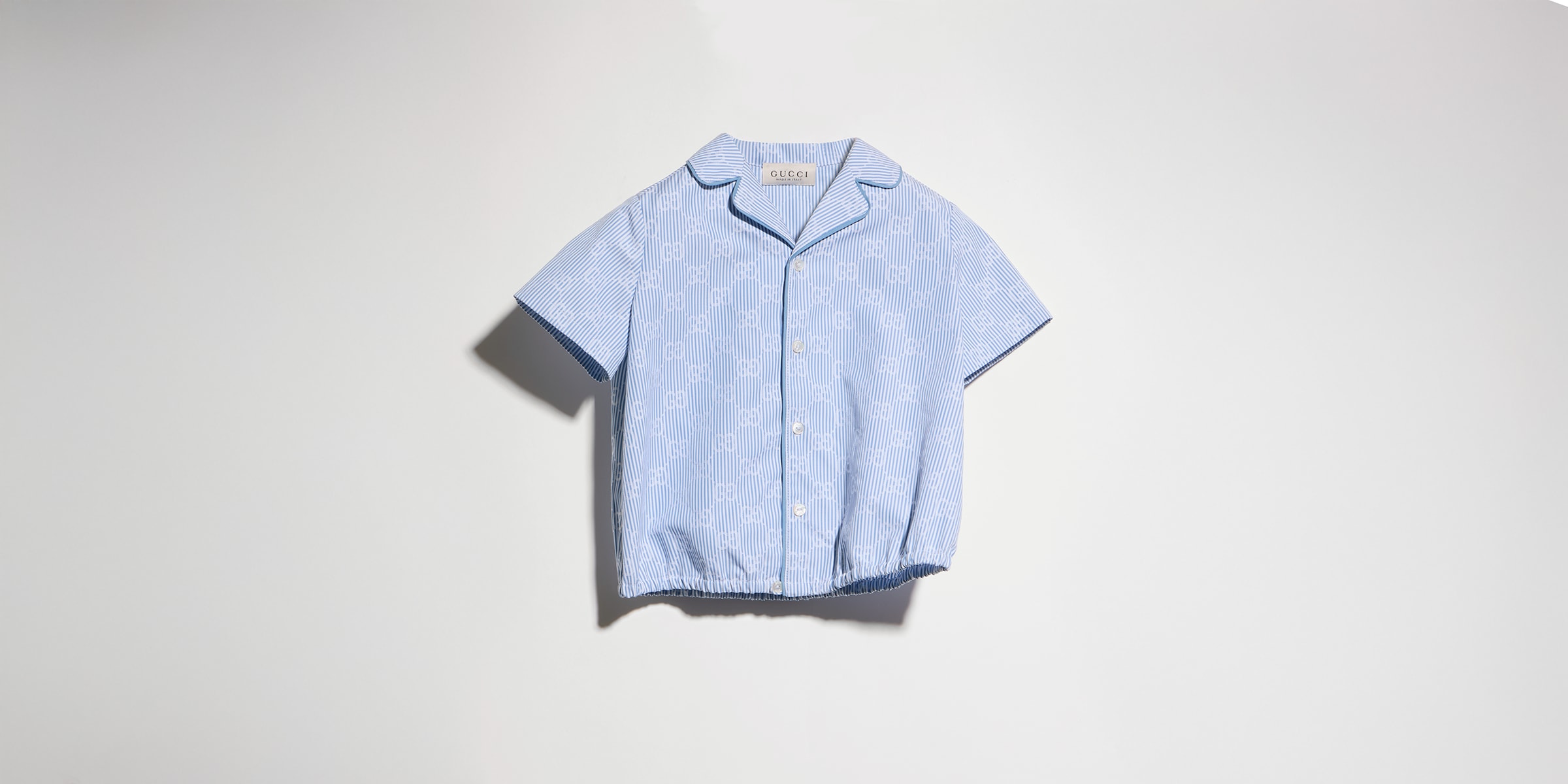 Baby GG striped poplin shirt in white and light blue | GUCCI® US
