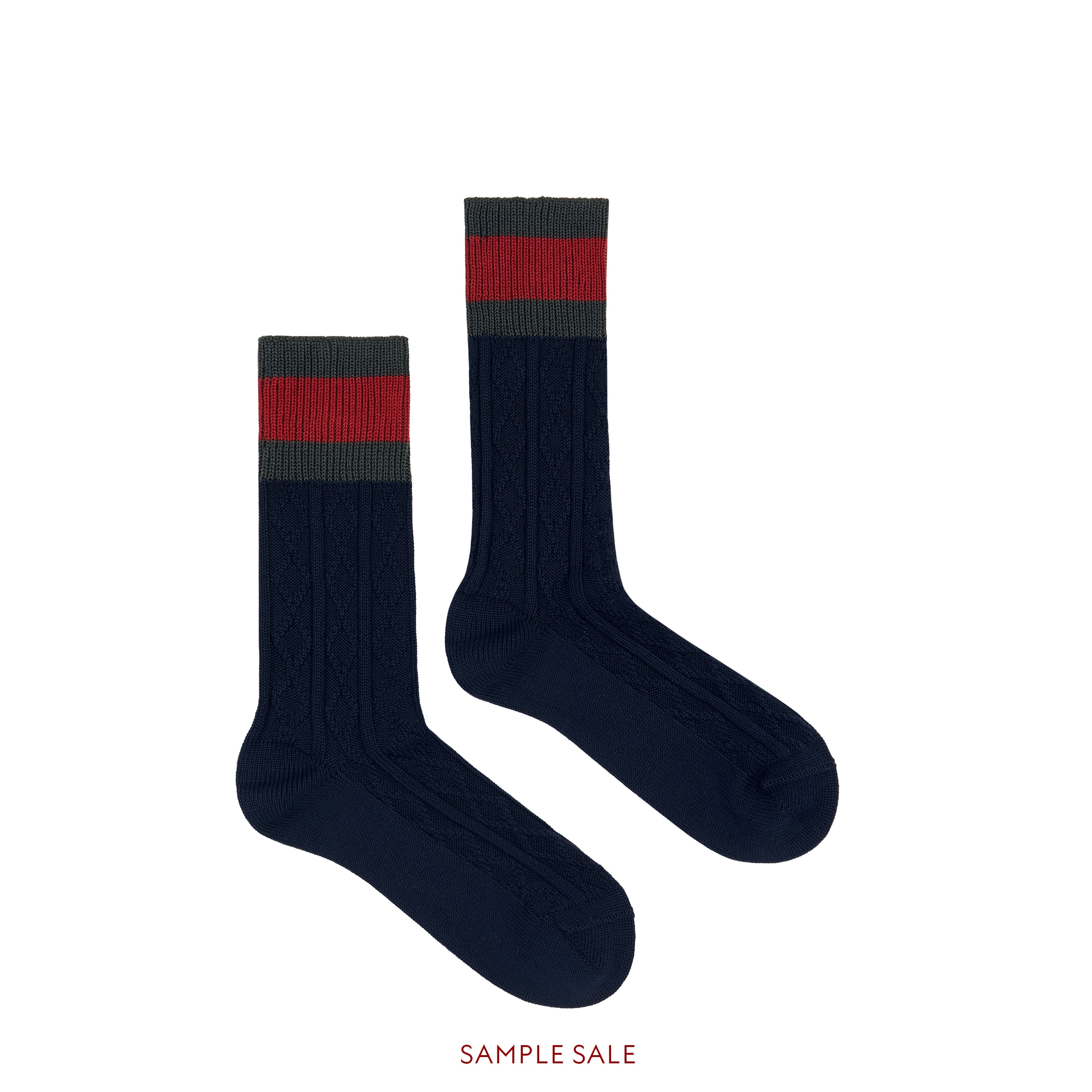 Stretch cotton socks with  in Midnight blue stretch cotton with cable pattern and green and