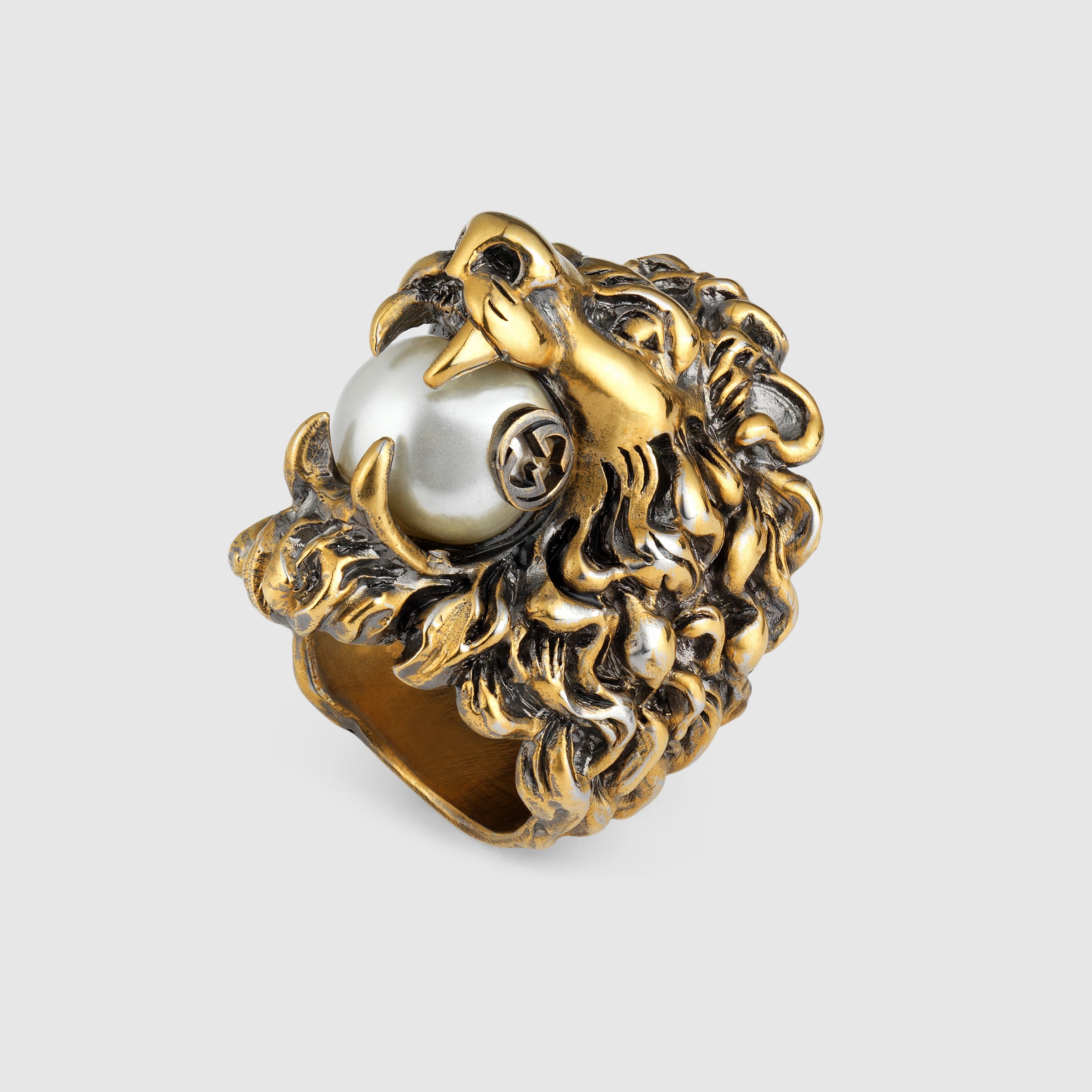 Lion head ring with glass pearl Gucci Rings 418289I46208078
