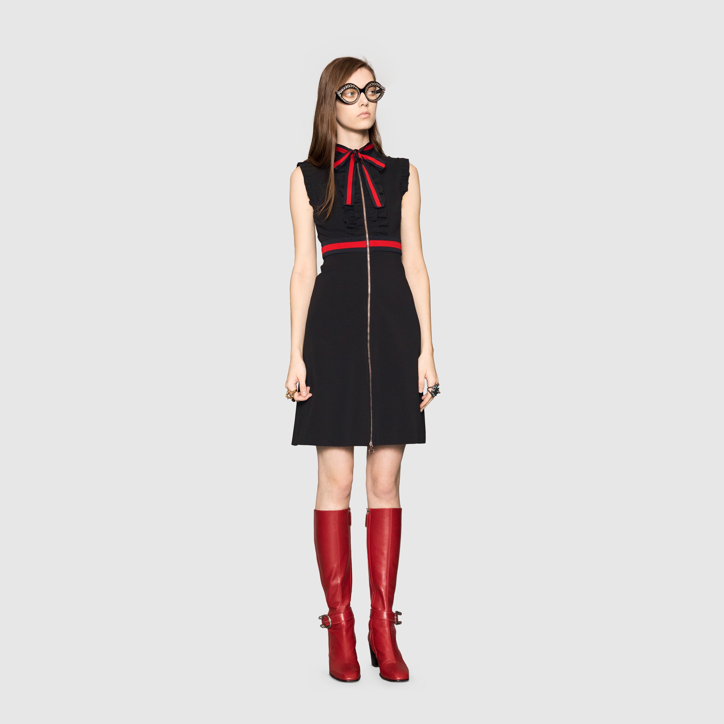 Jersey dress with  trim in Black compact viscose jersey with blue