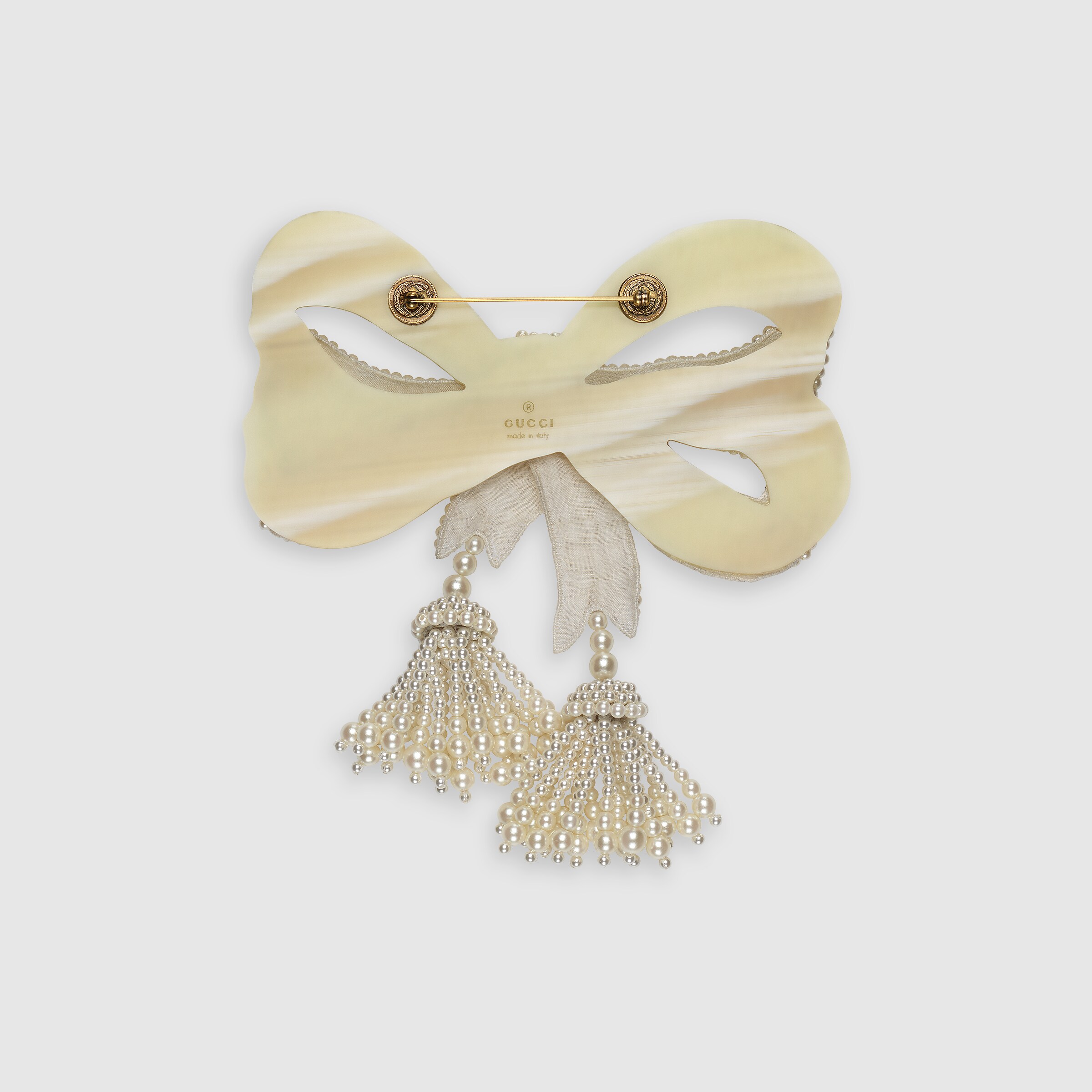 Resin pearl bow brooch in Cream resin pearls on silk and Plexiglas base