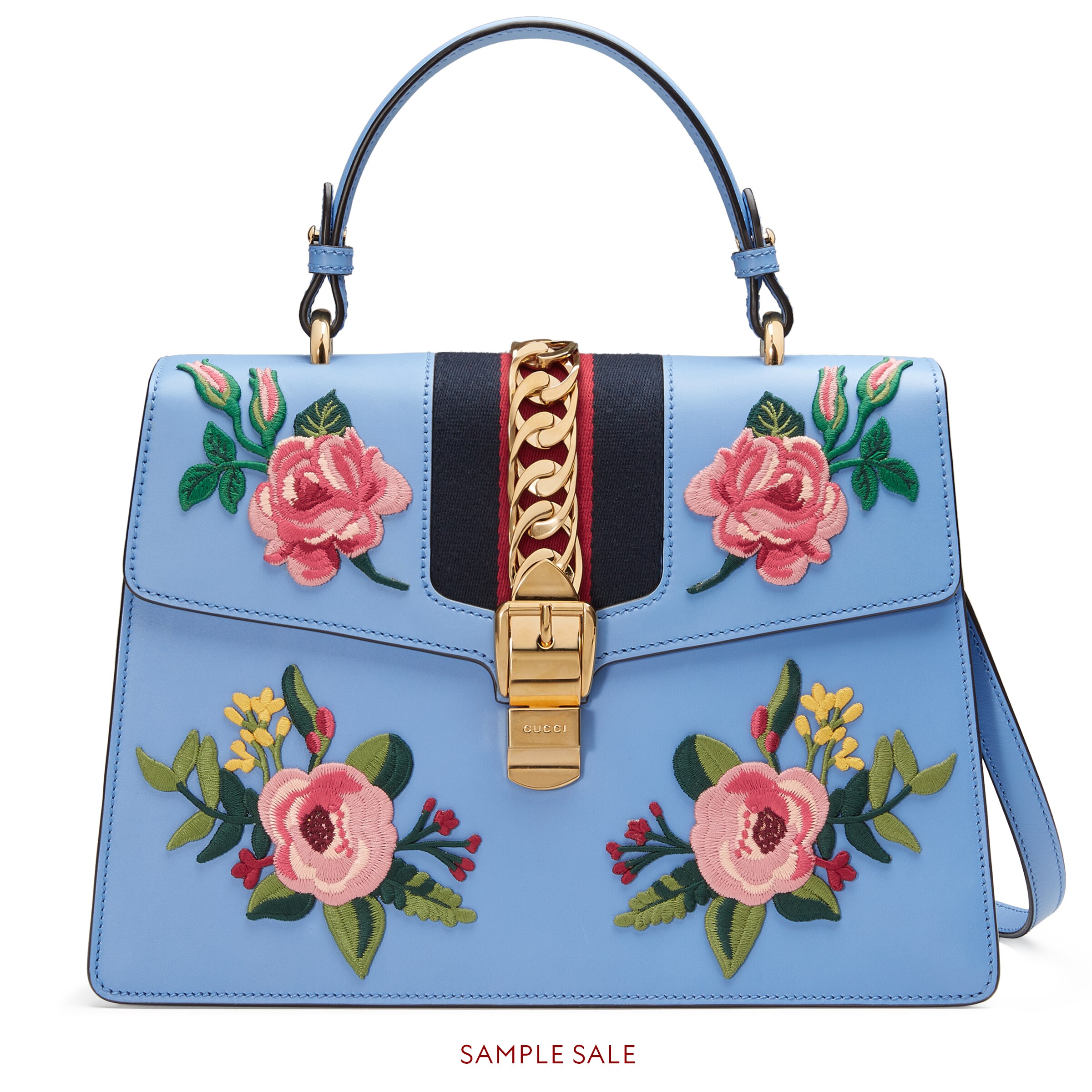 sylvie刺绣真皮手提包