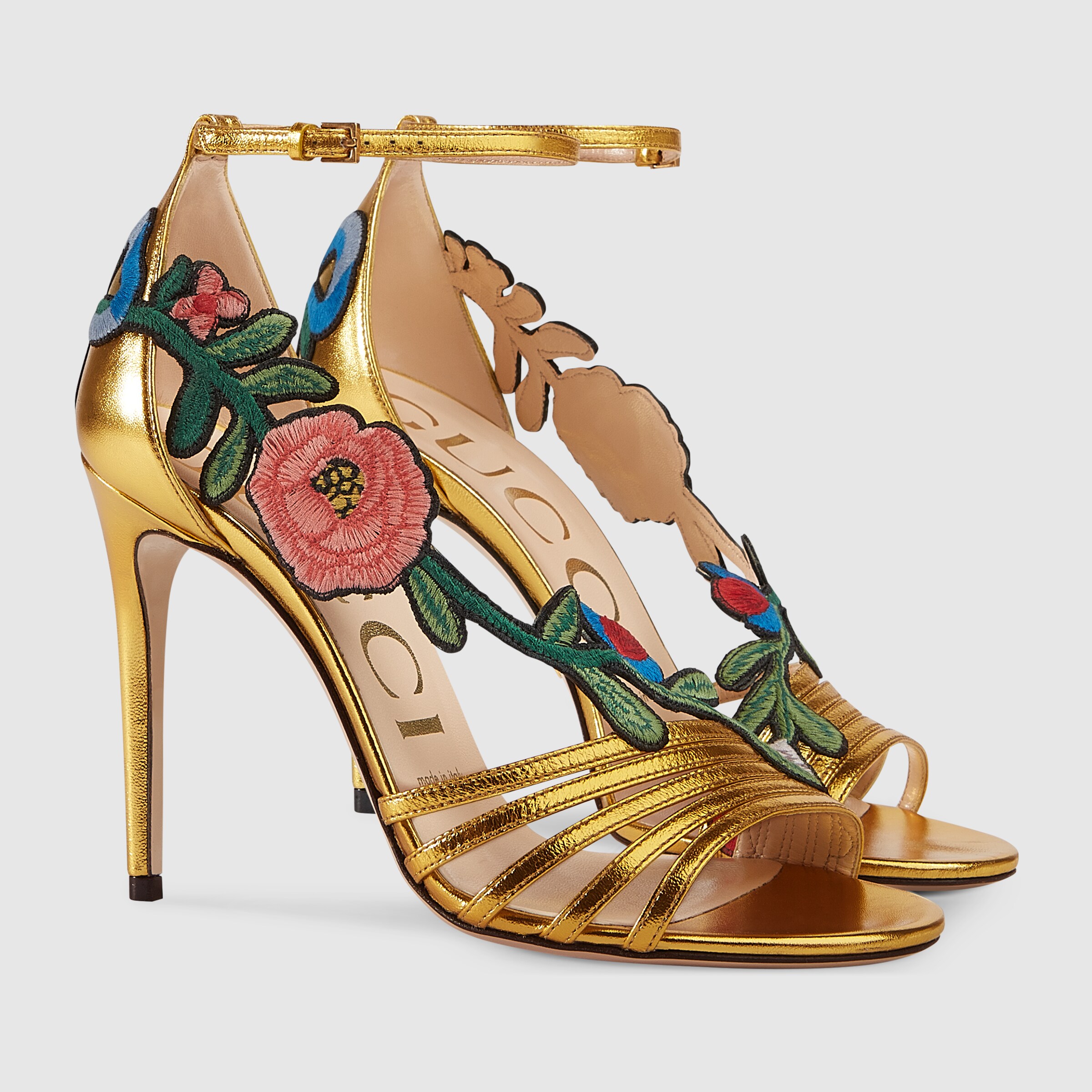Embroidered metallic leather midheel sandal Gucci Women's Sandals