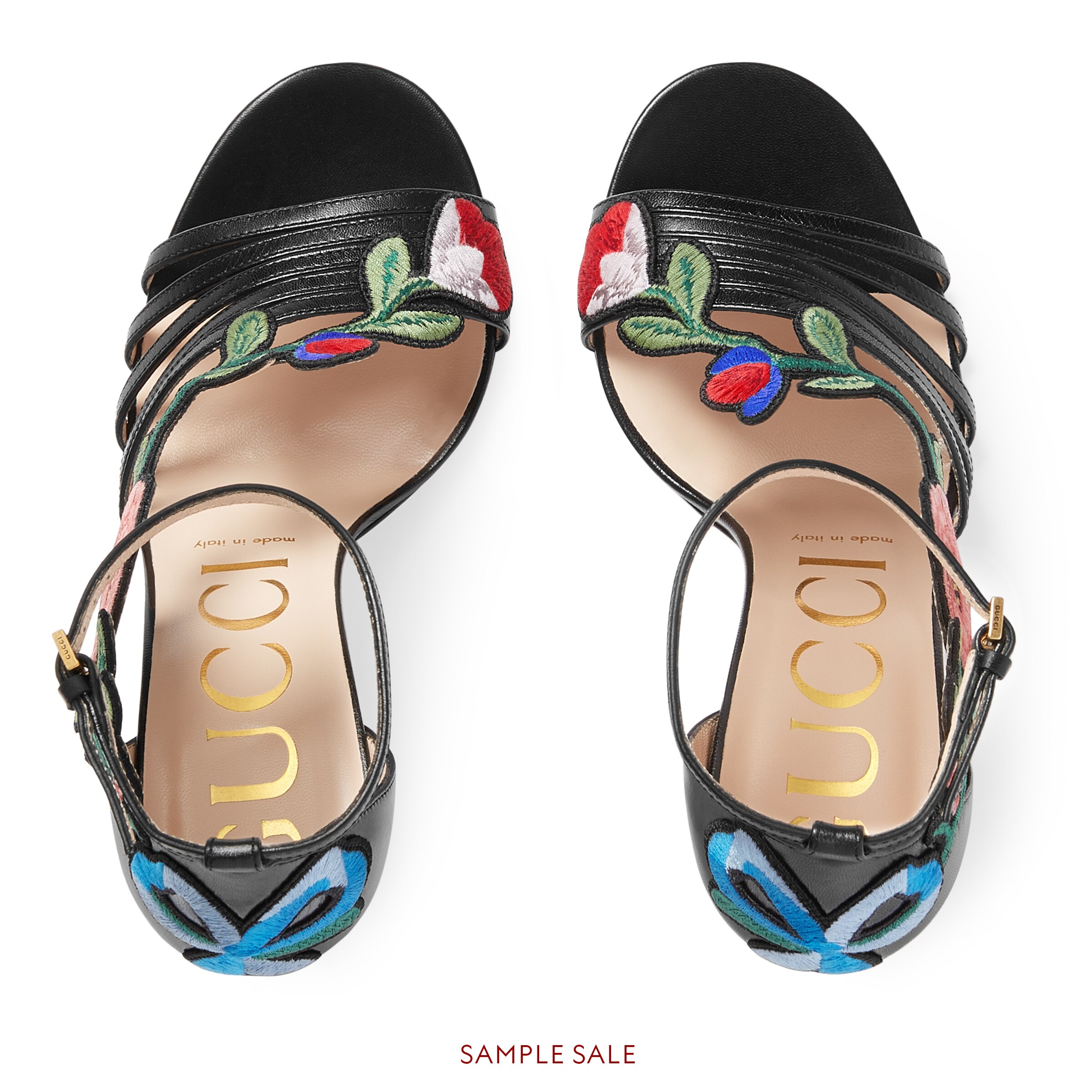 Embroidered leather midheel sandal in Black leather Gucci Women's