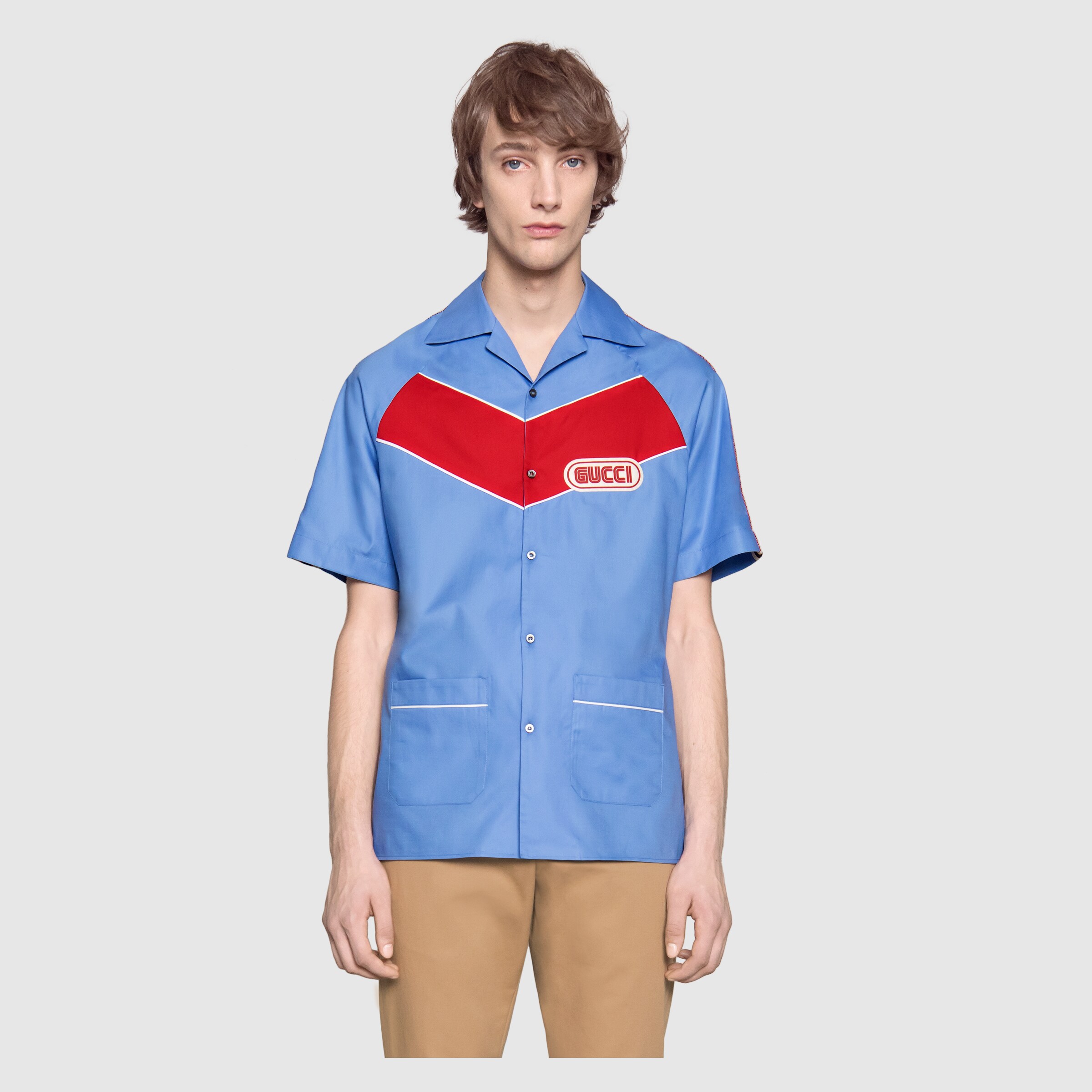 Bowling shirt with Gucci patch in Blue Oxford cotton with red maxi