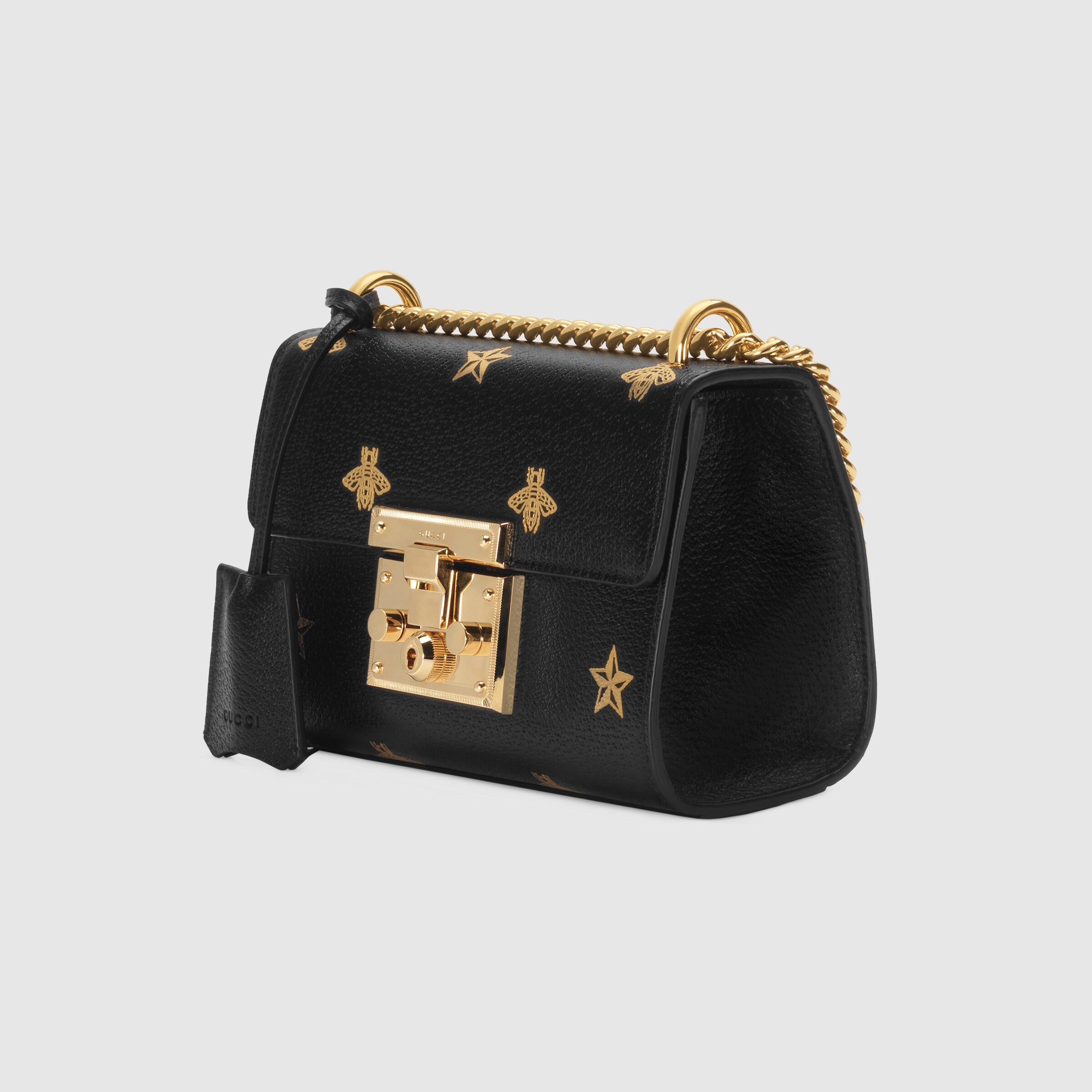 Black Leather Padlock Bee Star Small Shoulder Bag GUCCI® US